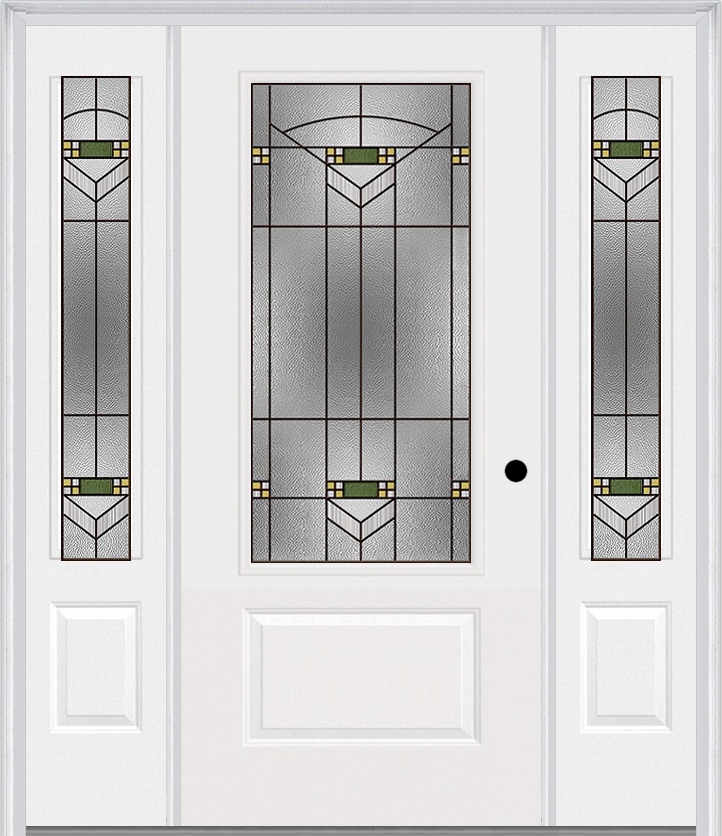 MMI 3/4 Lite 1 Panel 6'8" Fiberglass Smooth Greenfield Oil Rubbed Bronze Exterior Prehung Door With 2 Greenfield Oil Rubbed Bronze 3/4 Lite Decorative Glass Sidelights 608