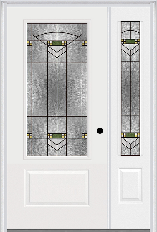 MMI 3/4 Lite 1 Panel 6'8" Fiberglass Smooth Greenfield Oil Rubbed Bronze Exterior Prehung Door With 1 Greenfield Oil Rubbed Bronze 3/4 Lite Decorative Glass Sidelight 608