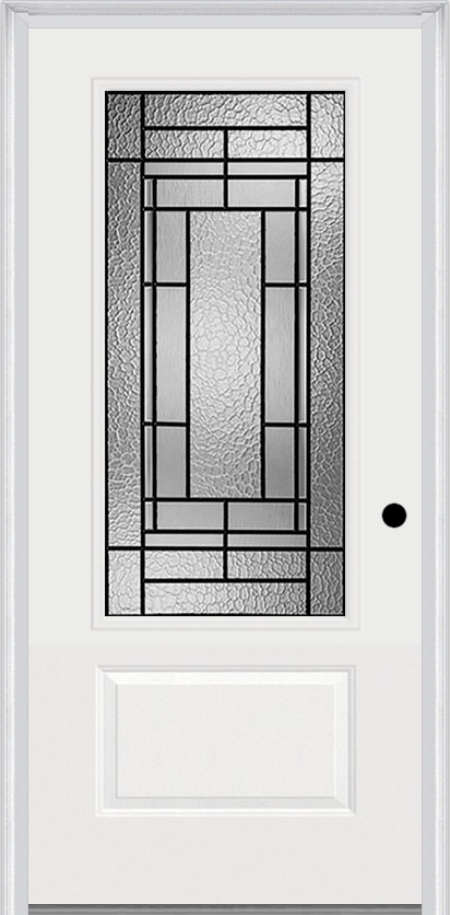 MMI 3/4 LITE 1 PANEL 3'0" X 6'8" FIBERGLASS SMOOTH PEMBROOK PATINA DECORATIVE GLASS EXTERIOR PREHUNG DOOR 608
