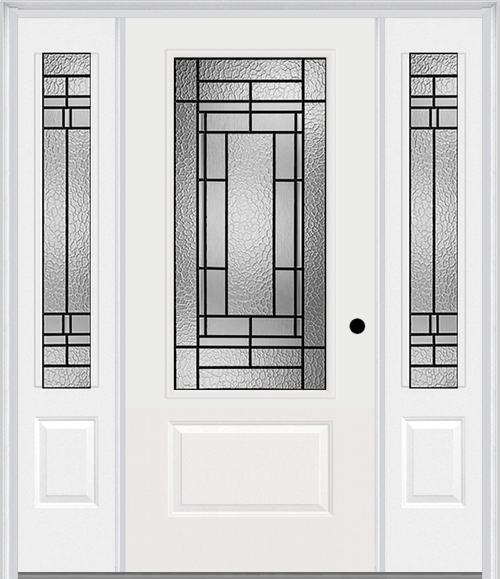 MMI 3/4 Lite 1 Panel 6'8" Fiberglass Smooth Pembrook Patina Exterior Prehung Door With 2 Pembrook Patina 3/4 Lite Decorative Glass Sidelights 608