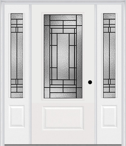 MMI 3/4 Lite 1 Panel 6'8" Fiberglass Smooth Pembrook Patina Exterior Prehung Door With 2 Pembrook Patina 3/4 Lite Decorative Glass Sidelights 608