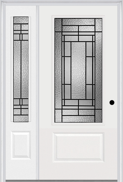 MMI 3/4 Lite 1 Panel 6'8" Fiberglass Smooth Pembrook Patina Exterior Prehung Door With 1 Pembrook Patina 3/4 Lite Decorative Glass Sidelight 608