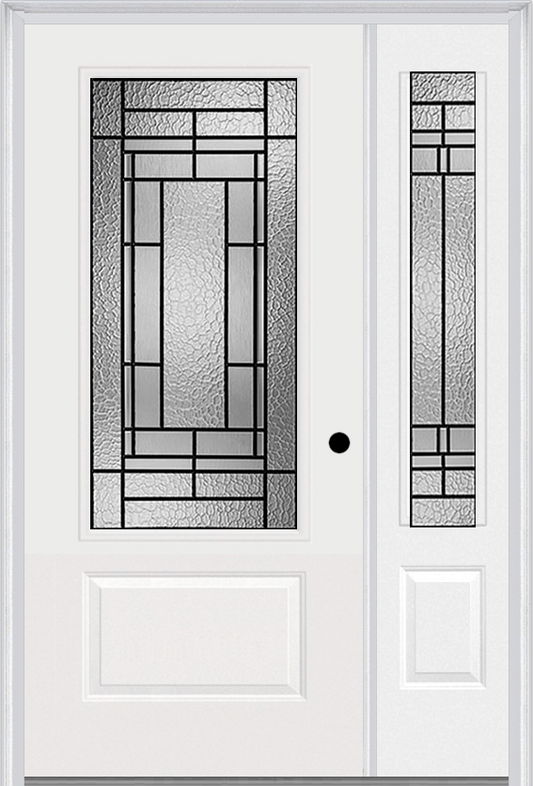 MMI 3/4 Lite 1 Panel 6'8" Fiberglass Smooth Pembrook Patina Exterior Prehung Door With 1 Pembrook Patina 3/4 Lite Decorative Glass Sidelight 608