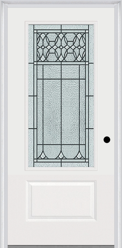 MMI 3/4 Lite 1 Panel 3'0" X 6'8" Fiberglass Smooth Selwyn Patina Decorative Glass Exterior Prehung Door 608