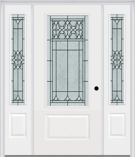 MMI 3/4 Lite 1 Panel 6'8" Fiberglass Smooth Selwyn Patina Exterior Prehung Door With 2 Selwyn Patina 3/4 Lite Decorative Glass Sidelights 608