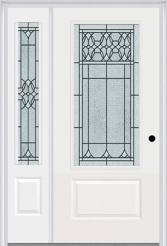 MMI 3/4 Lite 1 Panel 6'8" Fiberglass Smooth Selwyn Patina Exterior Prehung Door With 1 Selwyn Patina 3/4 Lite Decorative Glass Sidelight 608