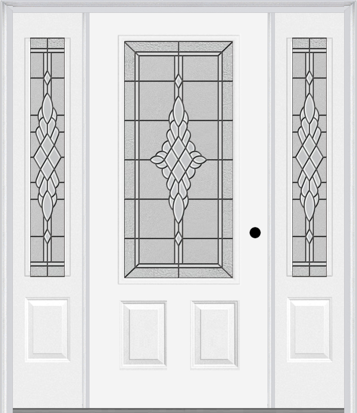 MMI 3/4 Lite 2 Panel 6'8" Fiberglass Smooth Grace Nickel Or Grace Patina Exterior Prehung Door With 2 Grace Nickel/Patina 3/4 Lite Decorative Glass Sidelights 607