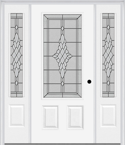 MMI 3/4 Lite 2 Panel 6'8" Fiberglass Smooth Grace Nickel Or Grace Patina Exterior Prehung Door With 2 Grace Nickel/Patina 3/4 Lite Decorative Glass Sidelights 607