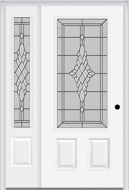 MMI 3/4 Lite 2 Panel 6'8" Fiberglass Smooth Grace Nickel Or Grace Patina Exterior Prehung Door With 1 Grace Nickel/Patina 3/4 Lite Decorative Glass Sidelight 607