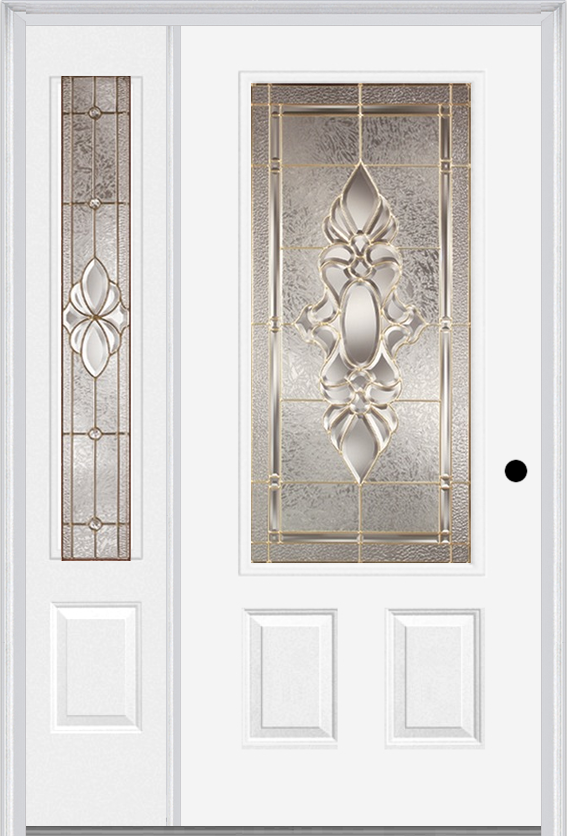 MMI 3/4 Lite 2 Panel 6'8" Fiberglass Smooth Heirlooms Brass Or Heirlooms Satin Nickel Exterior Prehung Door With 1 Heirlooms Brass/Satin Nickel 3/4 Lite Decorative Glass Sidelight 607