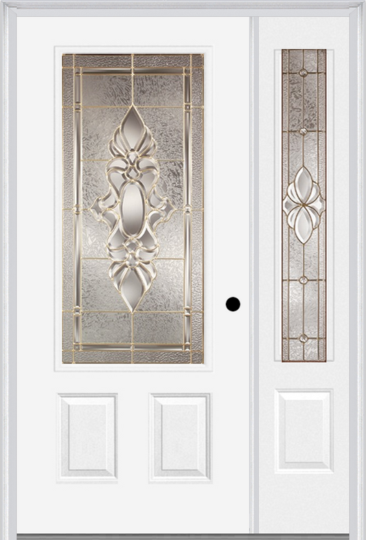 MMI 3/4 Lite 2 Panel 6'8" Fiberglass Smooth Heirlooms Brass Or Heirlooms Satin Nickel Exterior Prehung Door With 1 Heirlooms Brass/Satin Nickel 3/4 Lite Decorative Glass Sidelight 607