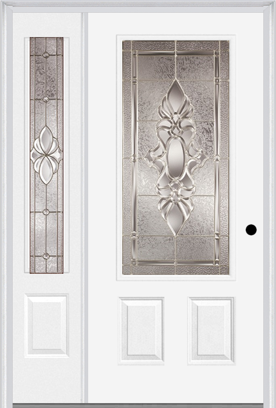 MMI 3/4 Lite 2 Panel 6'8" Fiberglass Smooth Heirlooms Brass Or Heirlooms Satin Nickel Exterior Prehung Door With 1 Heirlooms Brass/Satin Nickel 3/4 Lite Decorative Glass Sidelight 607