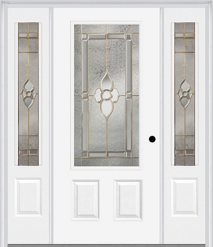 MMI 3/4 Lite 2 Panel 6'8" Fiberglass Smooth Nouveau Nickel Or Nouveau Patina Exterior Prehung Door With 2 Nouveau Brass/Nickel/Patina 3/4 Lite Decorative Glass Sidelights 607