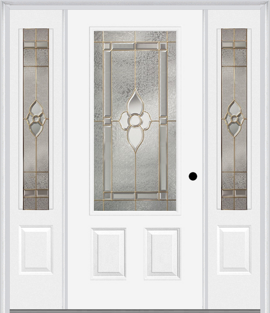 MMI 3/4 Lite 2 Panel 6'8" Fiberglass Smooth Nouveau Nickel Or Nouveau Patina Exterior Prehung Door With 2 Nouveau Brass/Nickel/Patina 3/4 Lite Decorative Glass Sidelights 607