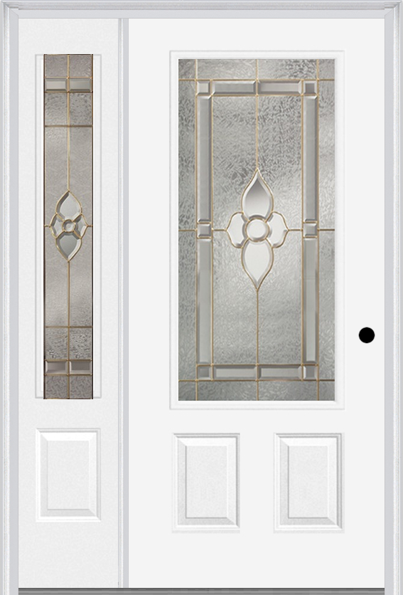 MMI 3/4 Lite 2 Panel 6'8" Fiberglass Smooth Nouveau Nickel Or Nouveau Patina Exterior Prehung Door With 1 Nouveau Brass/Nickel/Patina 3/4 Lite Decorative Glass Sidelight 607