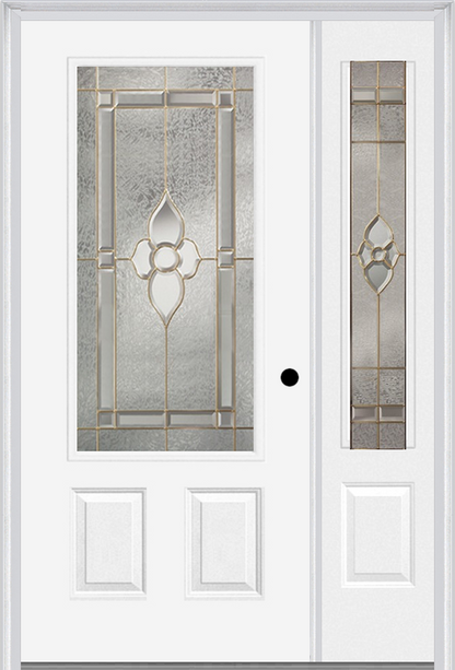 MMI 3/4 Lite 2 Panel 6'8" Fiberglass Smooth Nouveau Nickel Or Nouveau Patina Exterior Prehung Door With 1 Nouveau Brass/Nickel/Patina 3/4 Lite Decorative Glass Sidelight 607