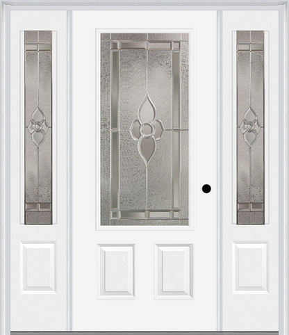 MMI 3/4 Lite 2 Panel 6'8" Fiberglass Smooth Nouveau Nickel Or Nouveau Patina Exterior Prehung Door With 2 Nouveau Brass/Nickel/Patina 3/4 Lite Decorative Glass Sidelights 607