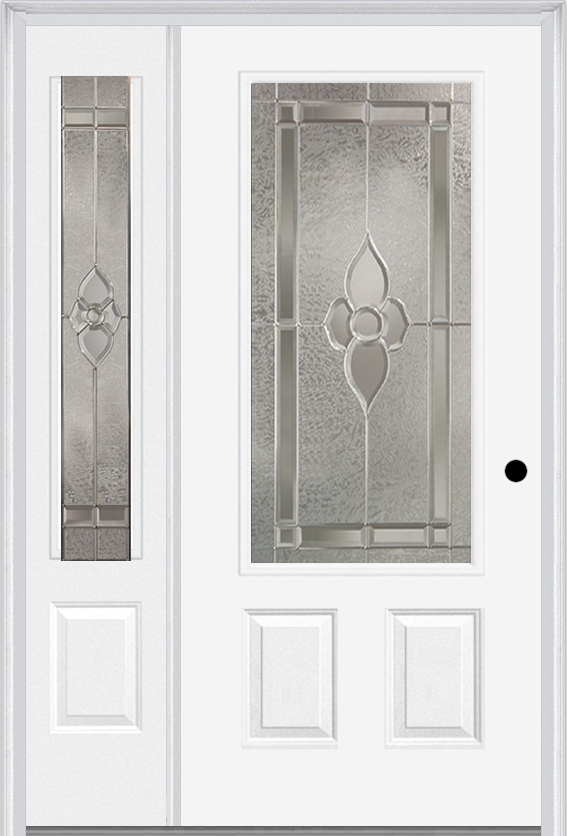 MMI 3/4 Lite 2 Panel 6'8" Fiberglass Smooth Nouveau Nickel Or Nouveau Patina Exterior Prehung Door With 1 Nouveau Brass/Nickel/Patina 3/4 Lite Decorative Glass Sidelight 607