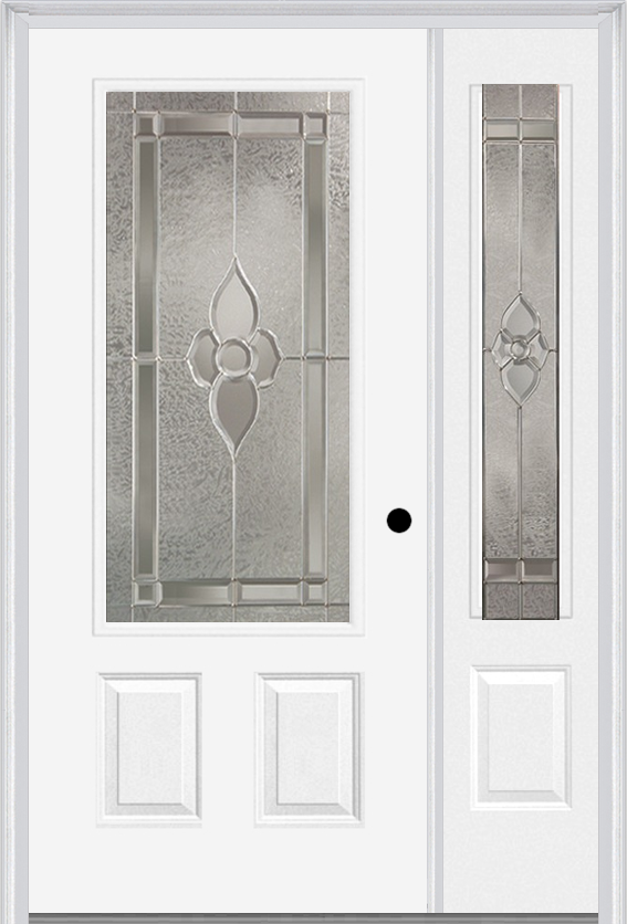 MMI 3/4 Lite 2 Panel 6'8" Fiberglass Smooth Nouveau Nickel Or Nouveau Patina Exterior Prehung Door With 1 Nouveau Brass/Nickel/Patina 3/4 Lite Decorative Glass Sidelight 607