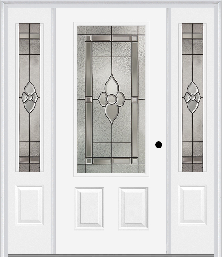 MMI 3/4 Lite 2 Panel 6'8" Fiberglass Smooth Nouveau Nickel Or Nouveau Patina Exterior Prehung Door With 2 Nouveau Brass/Nickel/Patina 3/4 Lite Decorative Glass Sidelights 607