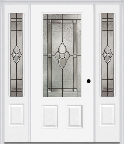 MMI 3/4 Lite 2 Panel 6'8" Fiberglass Smooth Nouveau Nickel Or Nouveau Patina Exterior Prehung Door With 2 Nouveau Brass/Nickel/Patina 3/4 Lite Decorative Glass Sidelights 607