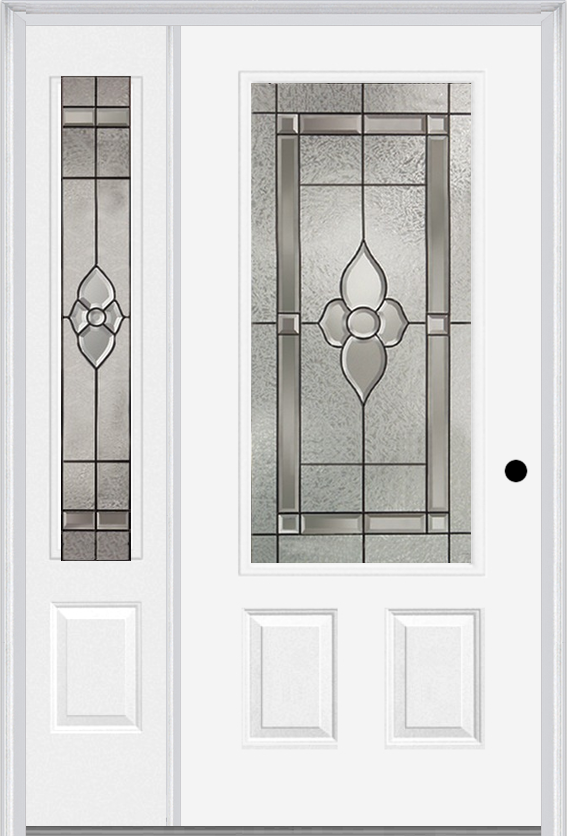 MMI 3/4 Lite 2 Panel 6'8" Fiberglass Smooth Nouveau Nickel Or Nouveau Patina Exterior Prehung Door With 1 Nouveau Brass/Nickel/Patina 3/4 Lite Decorative Glass Sidelight 607