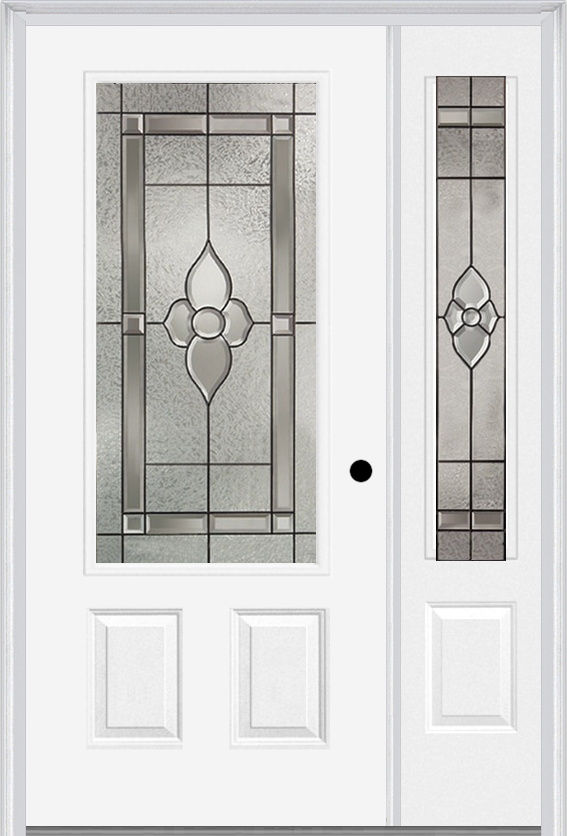 MMI 3/4 Lite 2 Panel 6'8" Fiberglass Smooth Nouveau Nickel Or Nouveau Patina Exterior Prehung Door With 1 Nouveau Brass/Nickel/Patina 3/4 Lite Decorative Glass Sidelight 607
