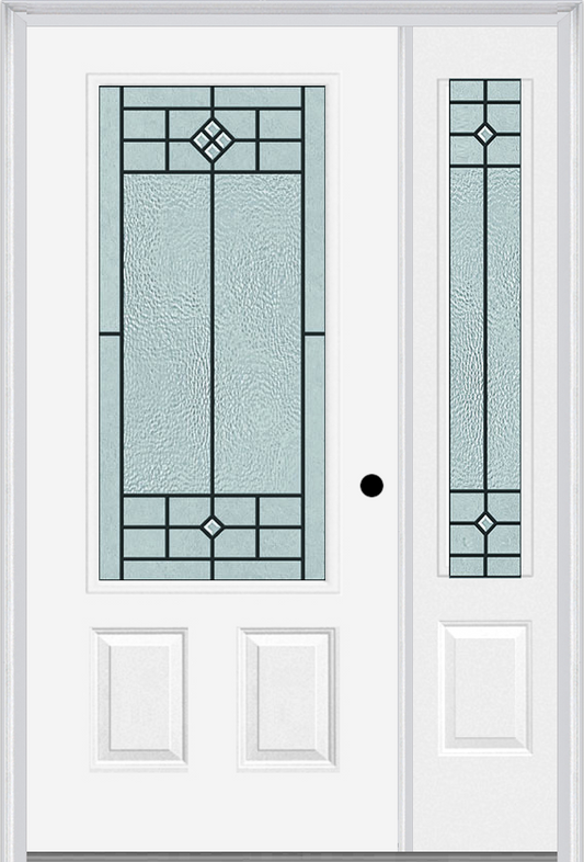 MMI 3/4 Lite 2 Panel 6'8" Fiberglass Smooth Beaufort Patina Exterior Prehung Door With 1 Beaufort Patina 3/4 Lite Decorative Glass Sidelight 607