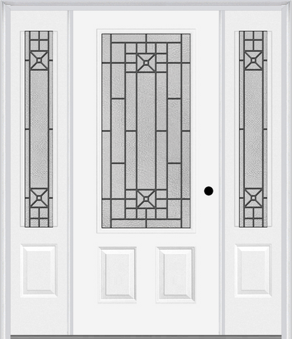 MMI 3/4 Lite 2 Panel 6'8" Fiberglass Smooth Courtyard Nickel Vein Wrought Iron Exterior Prehung Door With 2 Courtyard Nickel Vein Wrought Iron 3/4 Lite Decorative Glass Sidelights 607