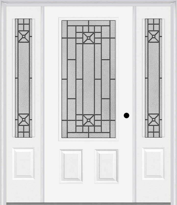MMI 3/4 Lite 2 Panel 6'8" Fiberglass Smooth Courtyard Nickel Vein Wrought Iron Exterior Prehung Door With 2 Courtyard Nickel Vein Wrought Iron 3/4 Lite Decorative Glass Sidelights 607