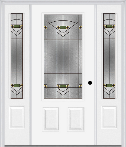 MMI 3/4 Lite 2 Panel 6'8" Fiberglass Smooth Greenfield Oil Rubbed Bronze Exterior Prehung Door With 2 Greenfield Oil Rubbed Bronze 3/4 Lite Decorative Glass Sidelights 607