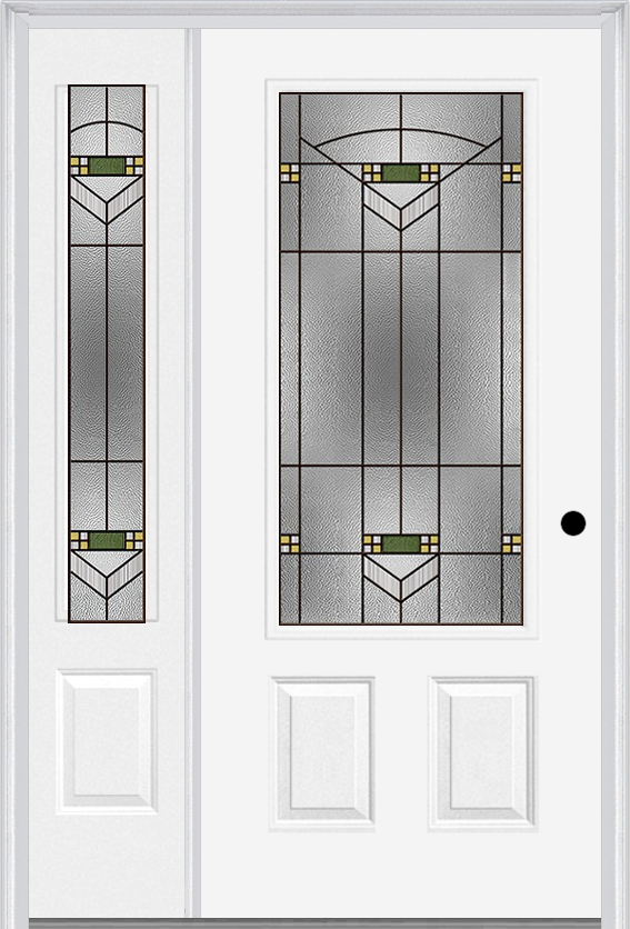MMI 3/4 Lite 2 Panel 6'8" Fiberglass Smooth Greenfield Oil Rubbed Bronze Exterior Prehung Door With 1 Greenfield Oil Rubbed Bronze 3/4 Lite Decorative Glass Sidelight 607