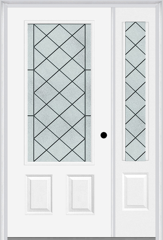 MMI 3/4 Lite 2 Panel 6'8" Fiberglass Smooth Harris Patina Exterior Prehung Door With 1 Harris Patina 3/4 Lite Decorative Glass Sidelight 607
