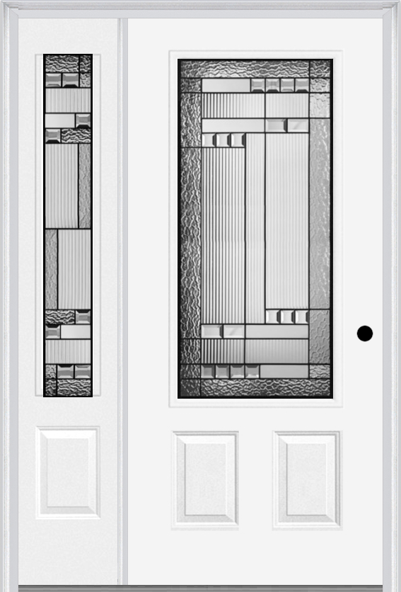 MMI 3/4 Lite 2 Panel 6'8" Fiberglass Smooth Metro Patina Exterior Prehung Door With 1 Metro Patina 3/4 Lite Decorative Glass Sidelight 607