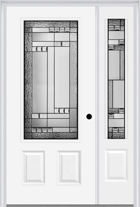 MMI 3/4 Lite 2 Panel 6'8" Fiberglass Smooth Metro Patina Exterior Prehung Door With 1 Metro Patina 3/4 Lite Decorative Glass Sidelight 607
