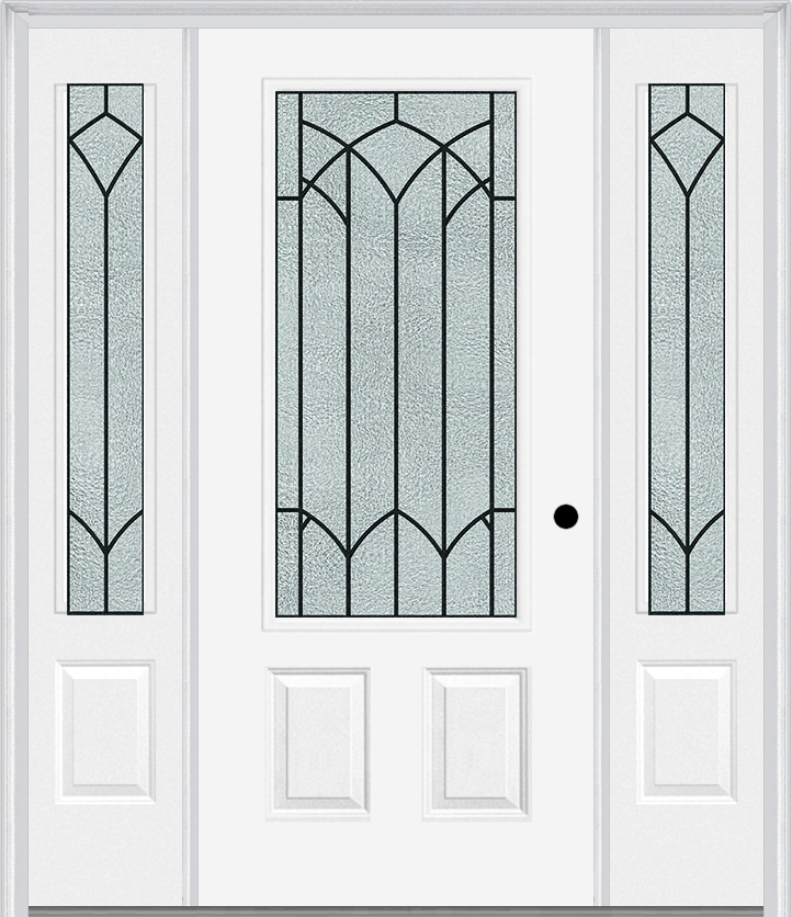 MMI 3/4 Lite 2 Panel 6'8" Fiberglass Smooth Montclaire Wrought Iron Exterior Prehung Door With 2 Montclaire Wrought Iron 3/4 Lite Decorative Glass Sidelights 607