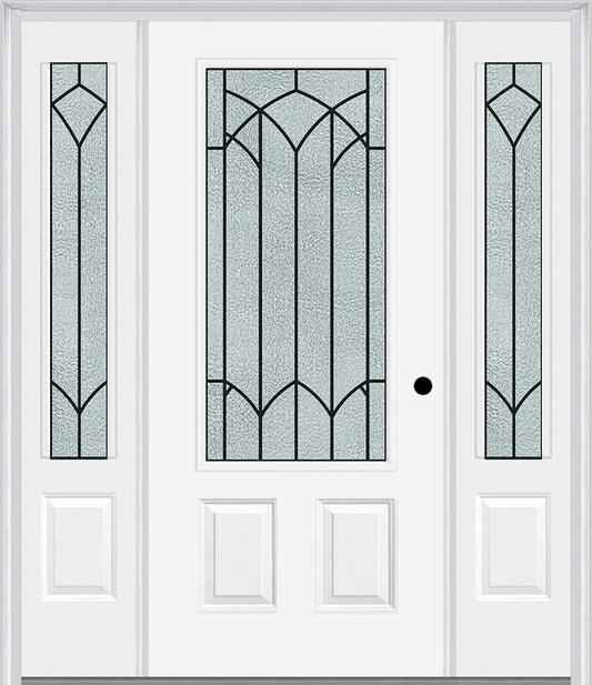 MMI 3/4 Lite 2 Panel 6'8" Fiberglass Smooth Montclaire Wrought Iron Exterior Prehung Door With 2 Montclaire Wrought Iron 3/4 Lite Decorative Glass Sidelights 607