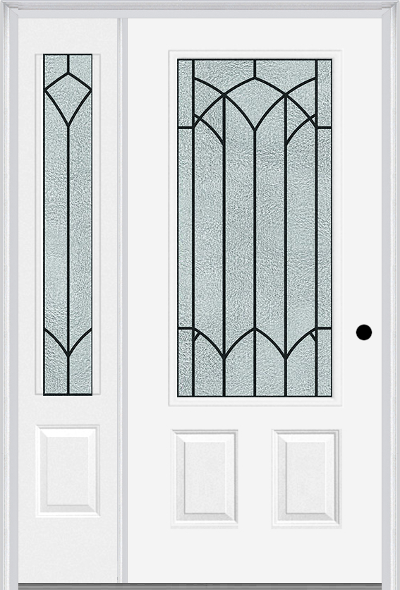 MMI 3/4 Lite 2 Panel 6'8" Fiberglass Smooth Montclaire Wrought Iron Exterior Prehung Door With 1 Montclaire Wrought Iron 3/4 Lite Decorative Glass Sidelight 607