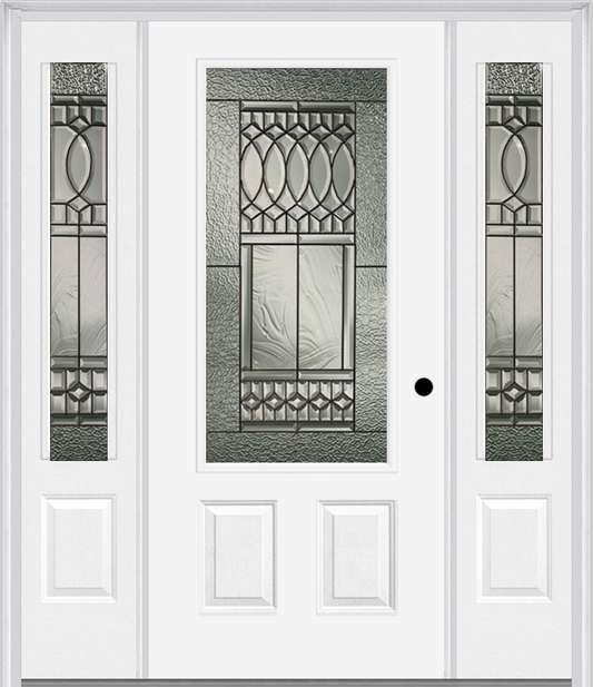 MMI 3/4 Lite 2 Panel 6'8" Fiberglass Smooth Paris Patina Exterior Prehung Door With 2 Paris Patina 3/4 Lite Decorative Glass Sidelights 607