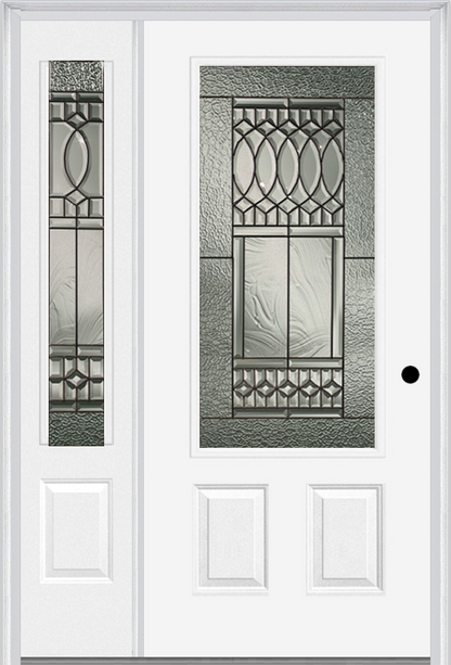 MMI 3/4 Lite 2 Panel 6'8" Fiberglass Smooth Paris Patina Exterior Prehung Door With 1 Paris Patina 3/4 Lite Decorative Glass Sidelight 607