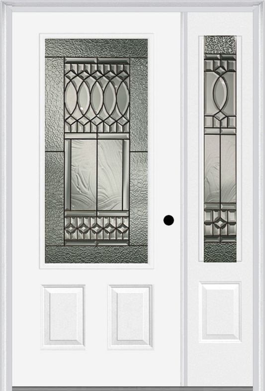 MMI 3/4 Lite 2 Panel 6'8" Fiberglass Smooth Paris Patina Exterior Prehung Door With 1 Paris Patina 3/4 Lite Decorative Glass Sidelight 607