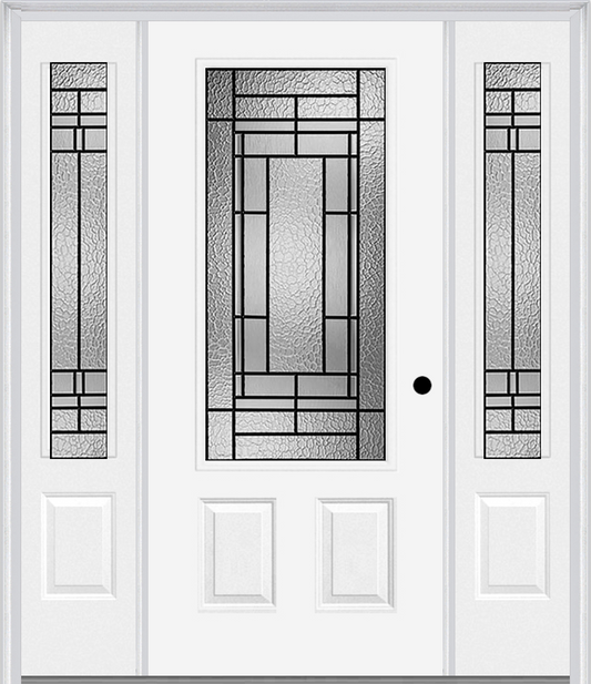 MMI 3/4 Lite 2 Panel 6'8" Fiberglass Smooth Pembrook Patina Exterior Prehung Door With 2 Pembrook Patina 3/4 Lite Decorative Glass Sidelights 607