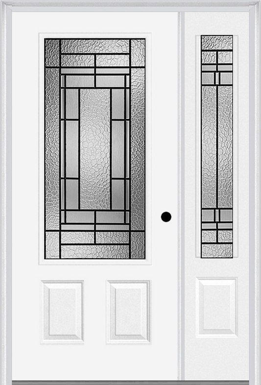 MMI 3/4 Lite 2 Panel 6'8" Fiberglass Smooth Pembrook Patina Exterior Prehung Door With 1 Pembrook Patina 3/4 Lite Decorative Glass Sidelight 607