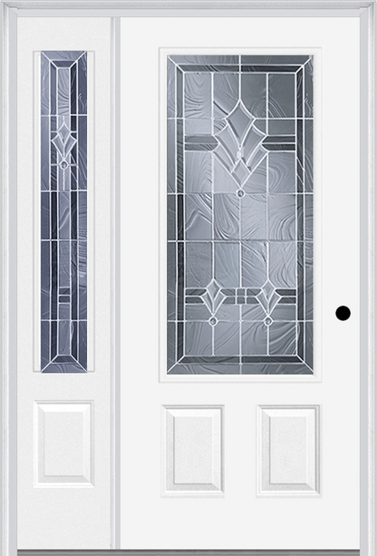 MMI 3/4 LITE 2 PANEL 6'8" FIBERGLASS SMOOTH RADIANT HUES NICKEL EXTERIOR PREHUNG DOOR WITH 1 RADIANT HUES NICKEL 3/4 LITE DECORATIVE GLASS SIDELIGHT 607