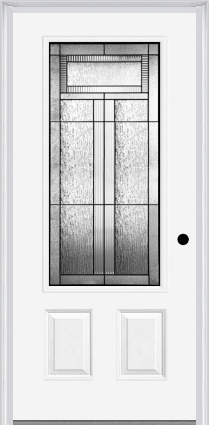 MMI 3/4 LITE 2 PANEL 3'0" X 6'8" FIBERGLASS SMOOTH ROYAL PATINA DECORATIVE GLASS EXTERIOR PREHUNG DOOR 607