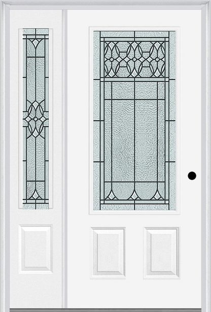 MMI 3/4 Lite 2 Panel 6'8" Fiberglass Smooth Selwyn Patina Exterior Prehung Door With 1 Selwyn Patina 3/4 Lite Decorative Glass Sidelight 607