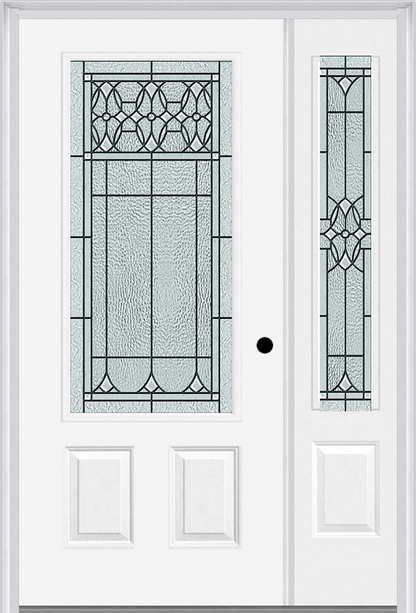 MMI 3/4 Lite 2 Panel 6'8" Fiberglass Smooth Selwyn Patina Exterior Prehung Door With 1 Selwyn Patina 3/4 Lite Decorative Glass Sidelight 607