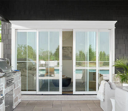 PELLA Lifestyle Series Contemporary 4 Panel OXXO 140.125" X 81.5" Advanced Low-E Insulating Tempered Argon Fill Glass Assembled Sliding/Gliding Patio Door Grilles/Screen Options