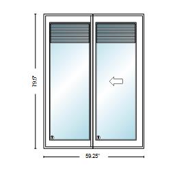 PELLA 59.25" X 79.5" LIFESTYLE SERIES CONTEMPORARY 2 PANEL HINGED GLASS WITH MANUAL BLINDS/SHADES ADVANCED LOW-E INSULATING TEMPERED ARGON FILL GLASS ASSEMBLED SLIDING/GLIDING PATIO DOOR SCREEN OPTION