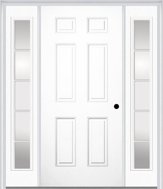 MMI 6 Panel 3'0" X 6'8" Fiberglass Smooth Exterior Prehung Door With 2 Full Lite SDL Grilles Glass Sidelights 21